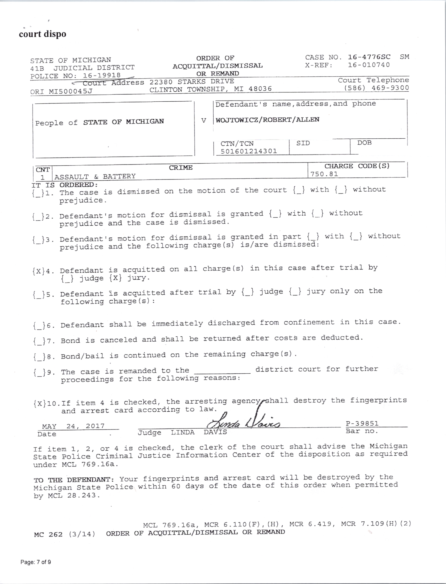 Court record concerning Robert Wojtowicz and the final disposition of the 2016 case, page 2